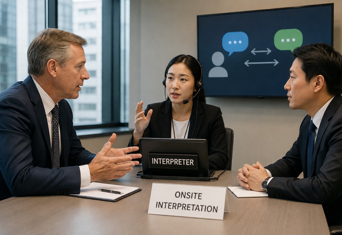 Interpreter and client speaking face to face in an office