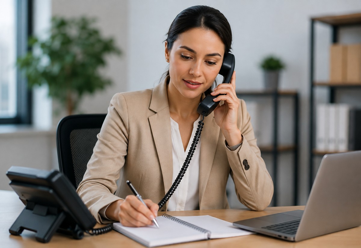 Support agent wearing a headset taking a call in a modern office