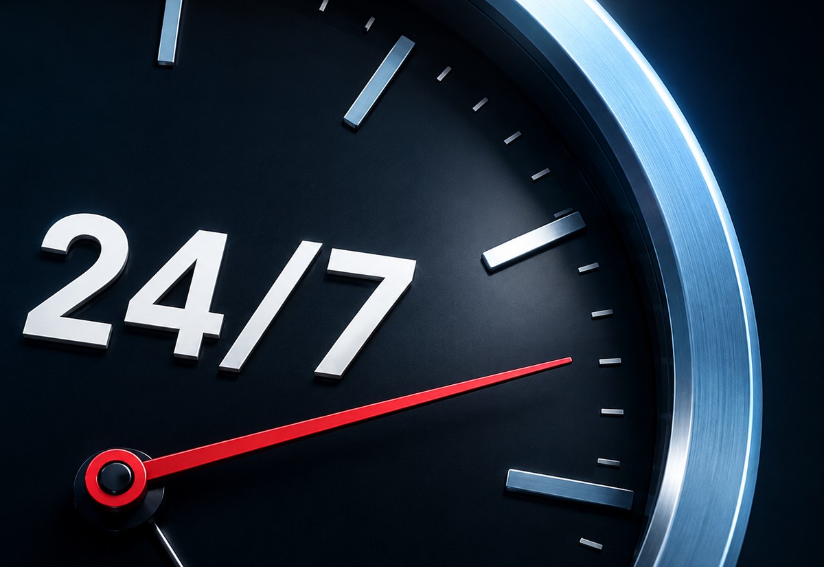 A 24/7 availability dial representing round-the-clock interpreter support
