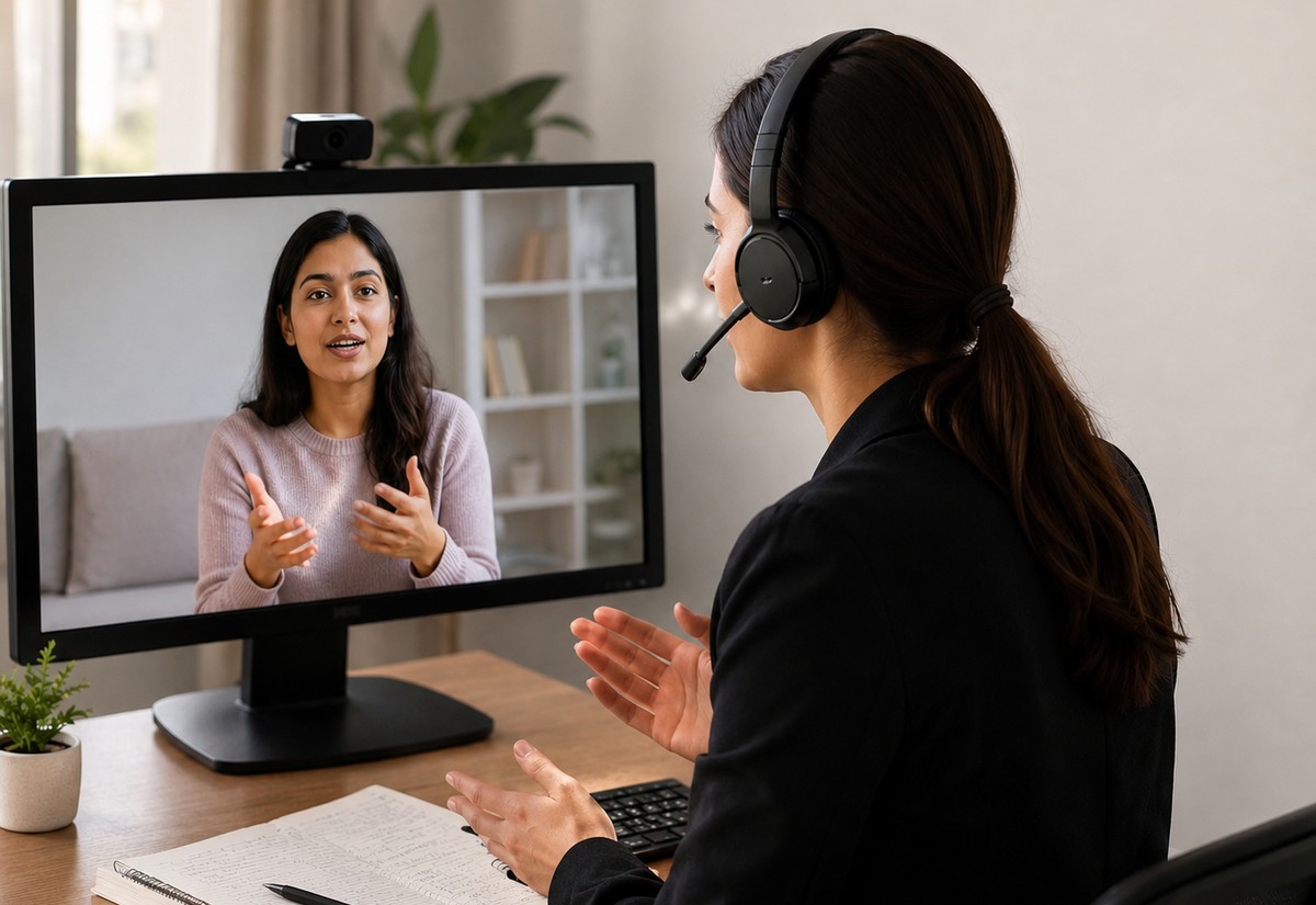 Interpreter connecting with a client over a professional video call on a laptop